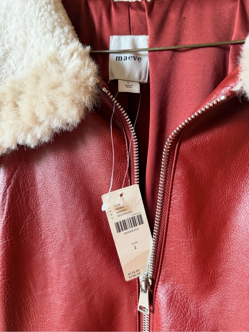 Maeve Red Faux-Leather Trench Coat with Cream Sherpa Collar - Picture 2 of 3